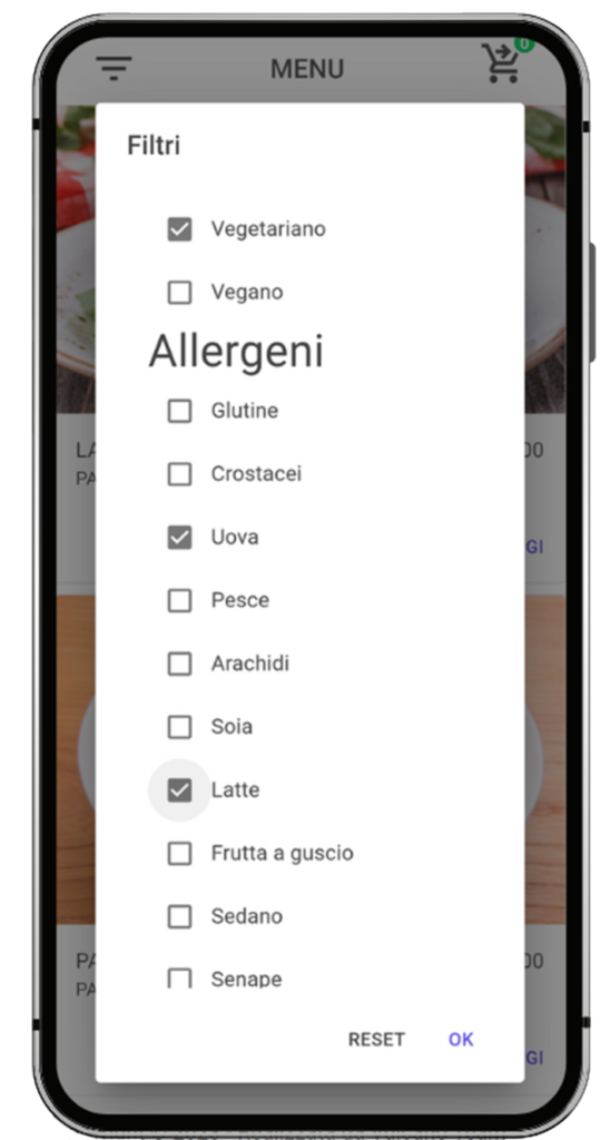 menu con filtri allergeni